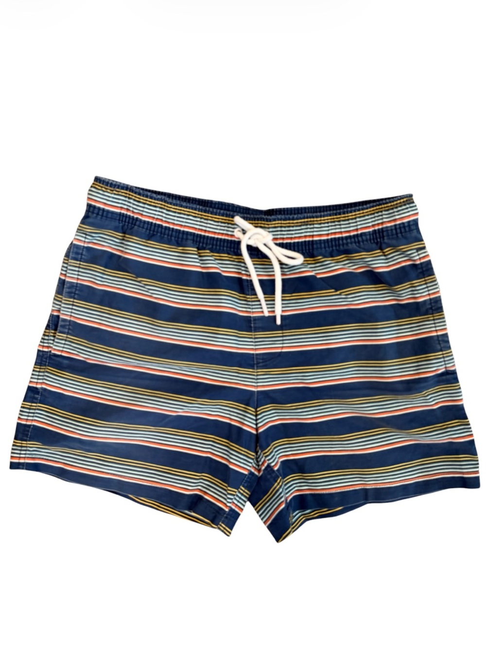 Goodthreads Navy Multi-Stripe Swim Shorts with White Drawstring